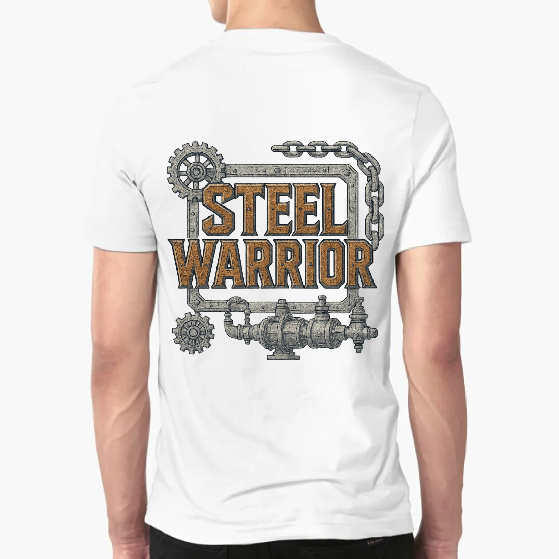 Steel Warrior Industrial T-Shirt Design with Mechanical Gears and Chains preview image.