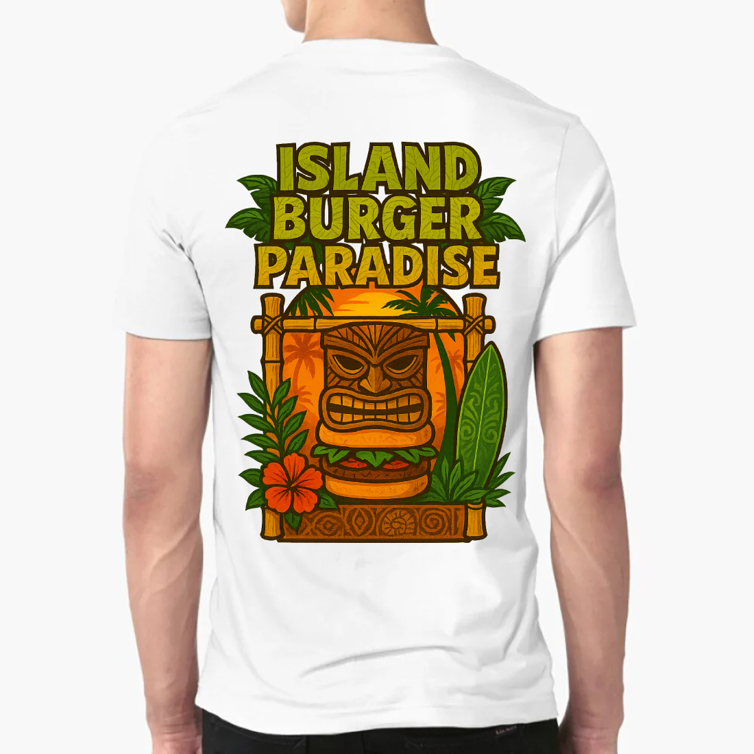 Island Burger Paradise Tiki T-Shirt Design - Tropical Food Graphic preview image.