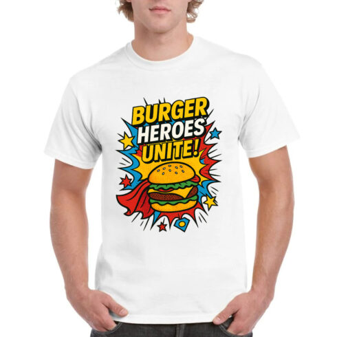 Burger Heroes Unite Comic T-Shirt Design - Superhero Food Graphic cover image.