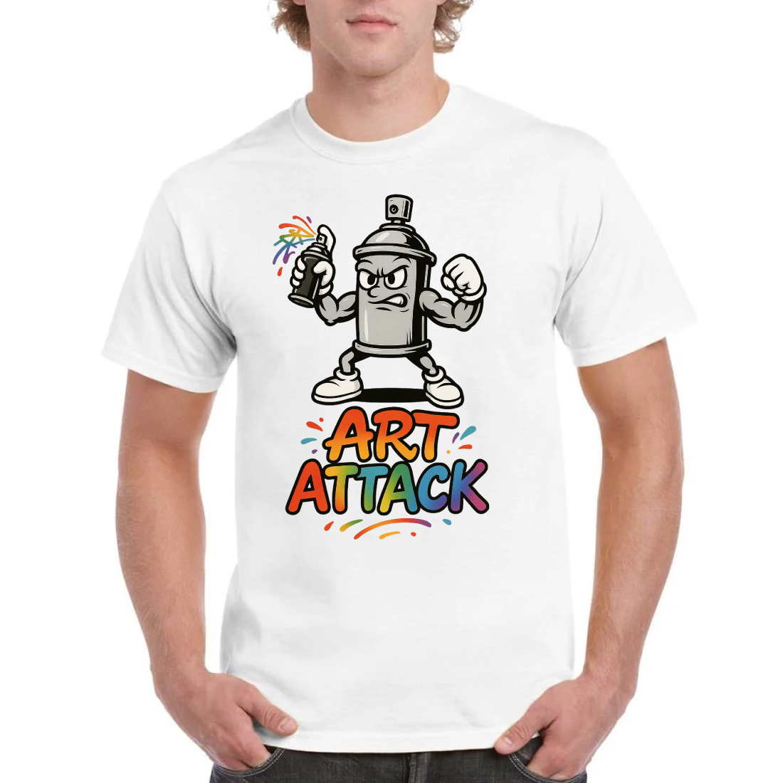 Art Attack T-Shirt Design - Graffiti Spray Can Character Vector Graphic cover image.