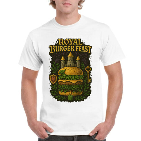 Royal Burger Feast Medieval T-Shirt Design - Fantasy Food Graphic cover image.