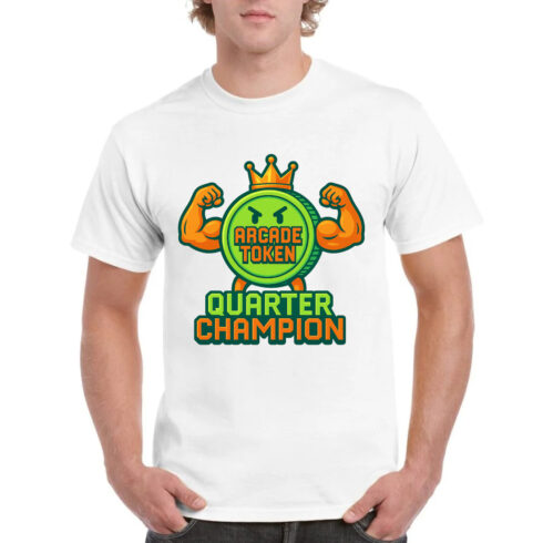 Quarter Champion Arcade Token Mascot T-Shirt Design - Retro Gaming Muscle Character Graphics cover image.