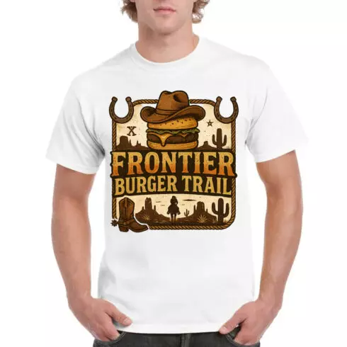 Frontier Burger Trail Western Cowboy T-Shirt Design - Vintage Wild West Food Graphic cover image.