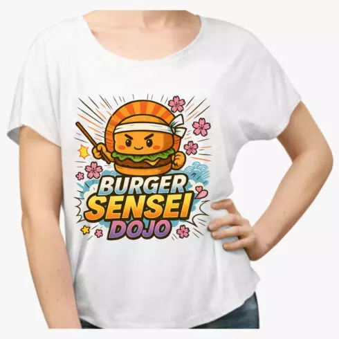 Burger Sensei Dojo Kawaii T-Shirt Design - Japanese Anime Style Cute Food Character Graphic cover image.