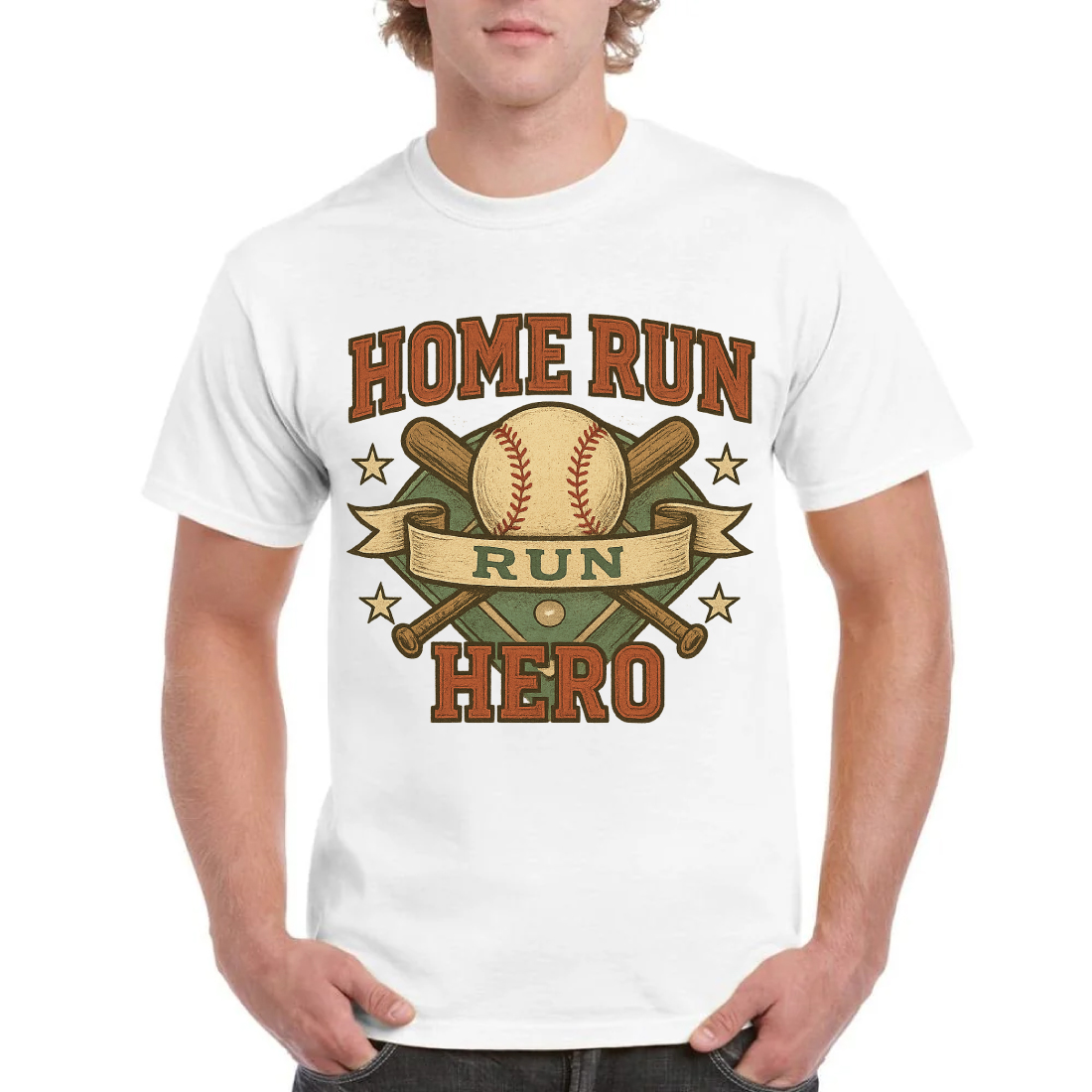 Home Run Hero Vintage Baseball T-Shirt Design with Crossed Bats and Stars cover image.