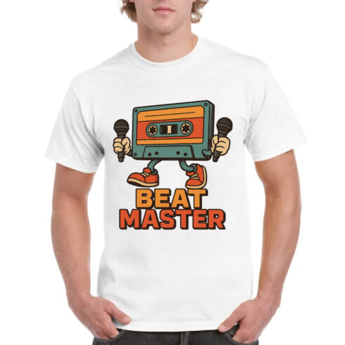Beat Master Retro Cassette Tape Character T-Shirt Design - Vintage Music Hip Hop DJ Graphics cover image.