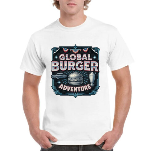 Global Burger Adventure Vintage T-Shirt Design - Retro Food Graphic cover image.