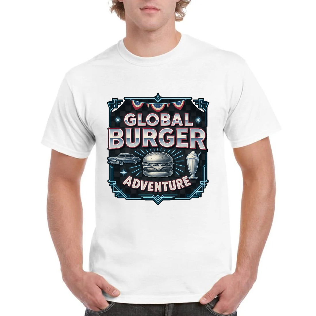 Global Burger Adventure Vintage T-Shirt Design - Retro Food Graphic cover image.