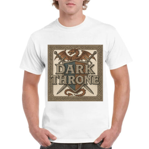 Dark Throne Medieval Fantasy T-Shirt Design with Dragons and Swords cover image.