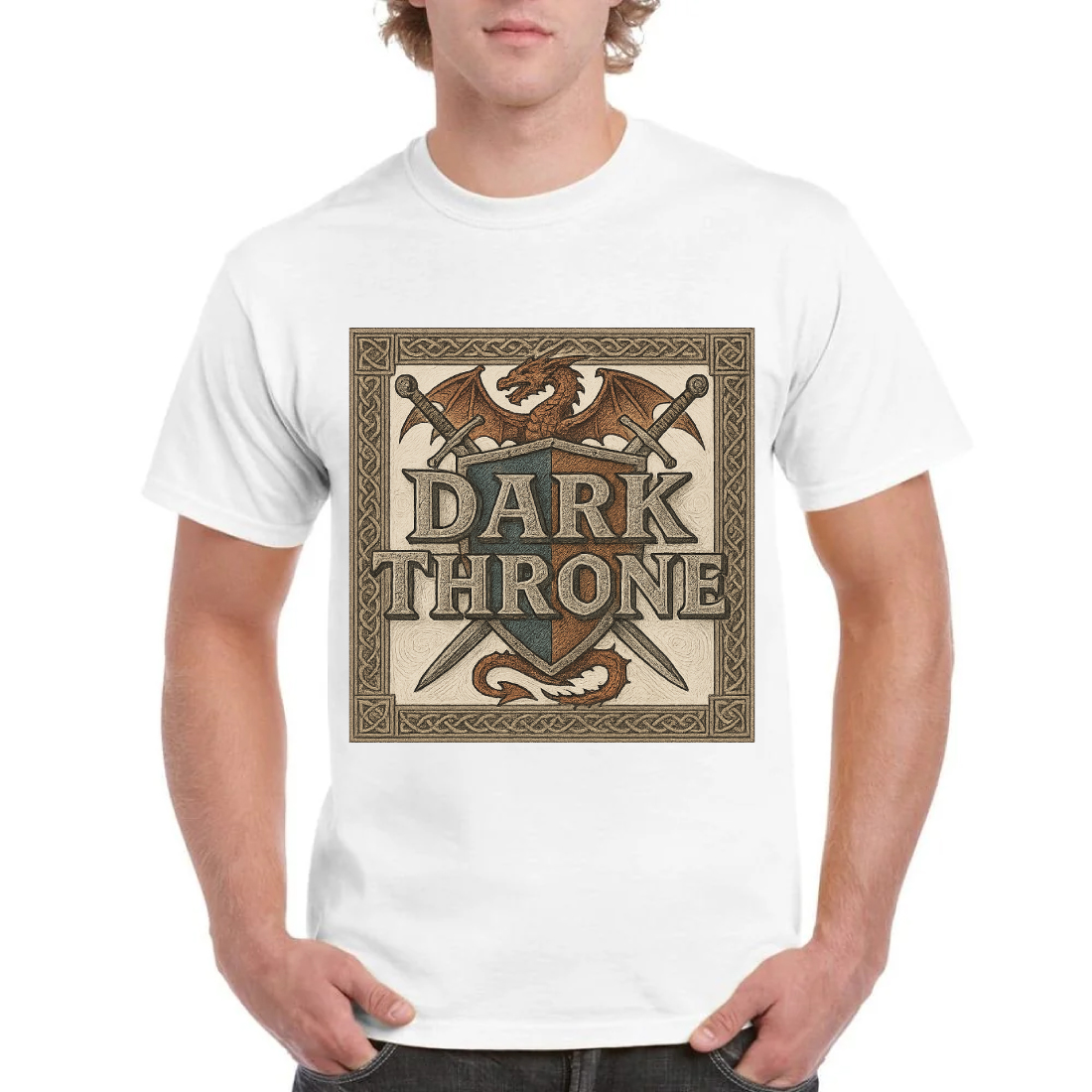 Dark Throne Medieval Fantasy T-Shirt Design with Dragons and Swords cover image.