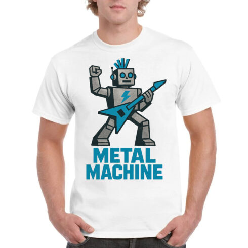 Metal Machine Robot T-Shirt Design - Retro Futuristic Guitarist Vector Graphic cover image.