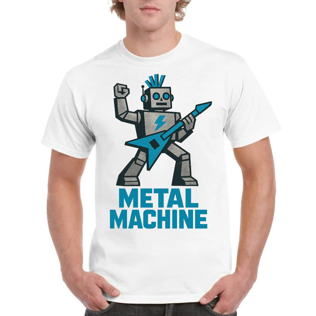 Metal Machine Robot T-Shirt Design - Retro Futuristic Guitarist Vector Graphic cover image.