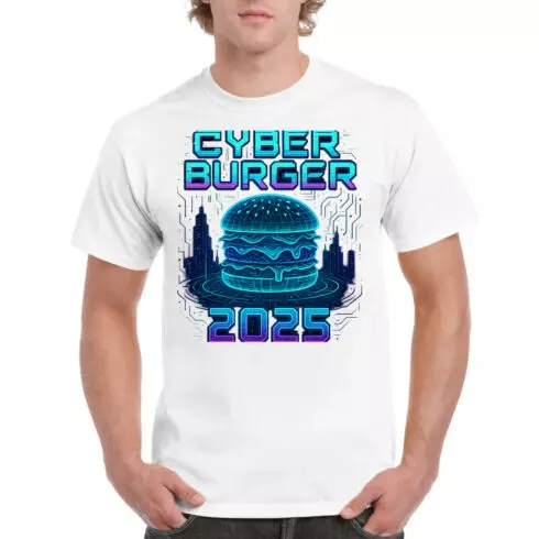 Cyber Burger 2025 Futuristic T-Shirt Design - Sci-Fi Food Graphic cover image.