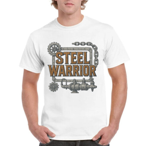 Steel Warrior Industrial T-Shirt Design with Mechanical Gears and Chains cover image.
