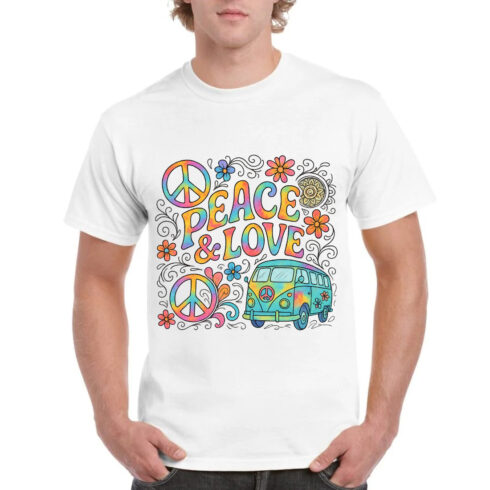 Peace & Love Coloring Book Style T-Shirt Design with Hippie Van and Mandala cover image.