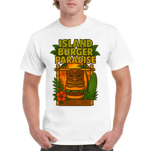 Island Burger Paradise Tiki T-Shirt Design - Tropical Food Graphic cover image.