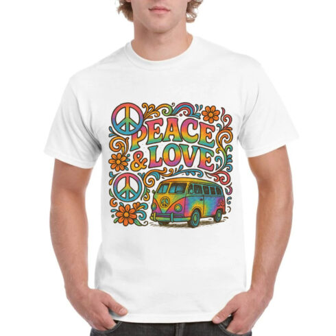 Peace & Love Hippie T-Shirt Design with Vintage Van and Psychedelic Elements cover image.