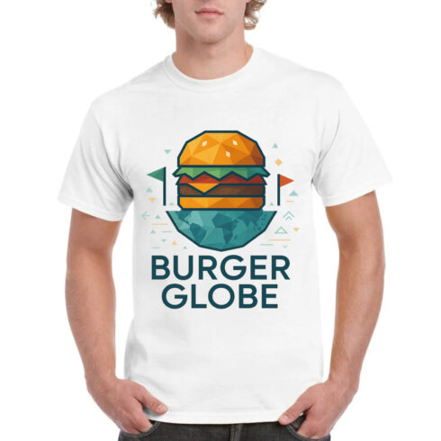 Burger Globe Modern T-Shirt Design - Geometric Food Graphic cover image.
