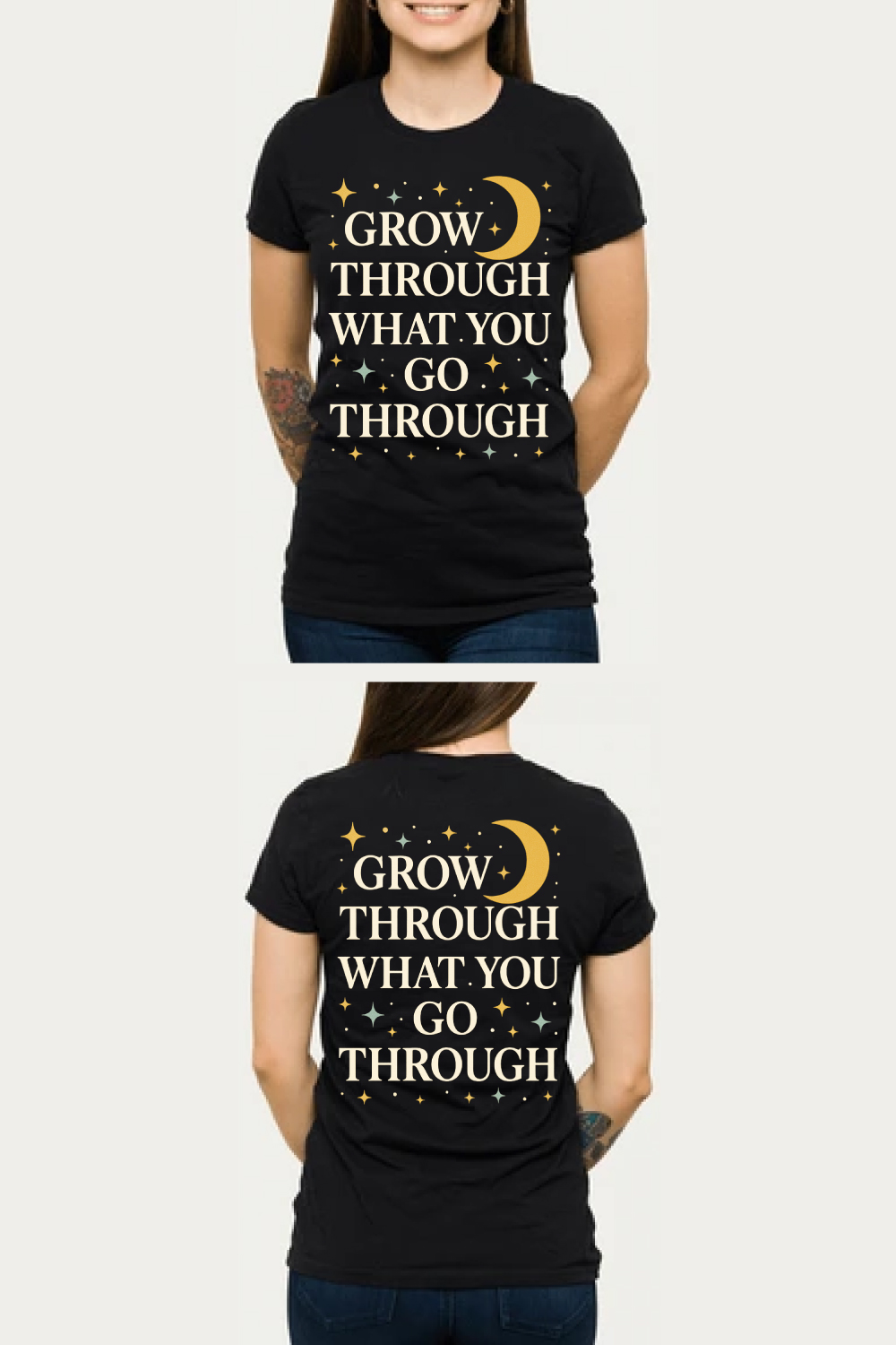 Grow Through What You Go Through Moon Stars T-Shirt Design pinterest preview image.