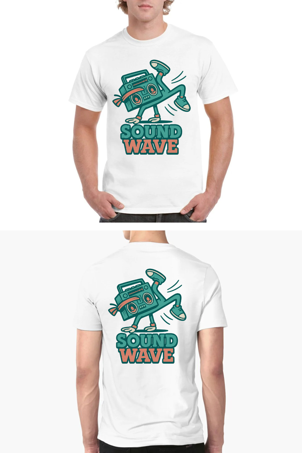Sound Wave Retro Boombox Character T-Shirt Design - 80s Hip Hop Music Graphics pinterest preview image.