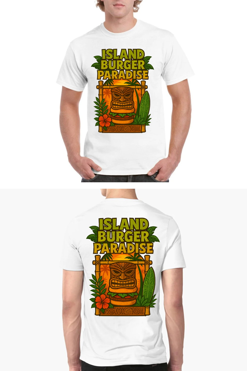 Island Burger Paradise Tiki T-Shirt Design - Tropical Food Graphic pinterest preview image.