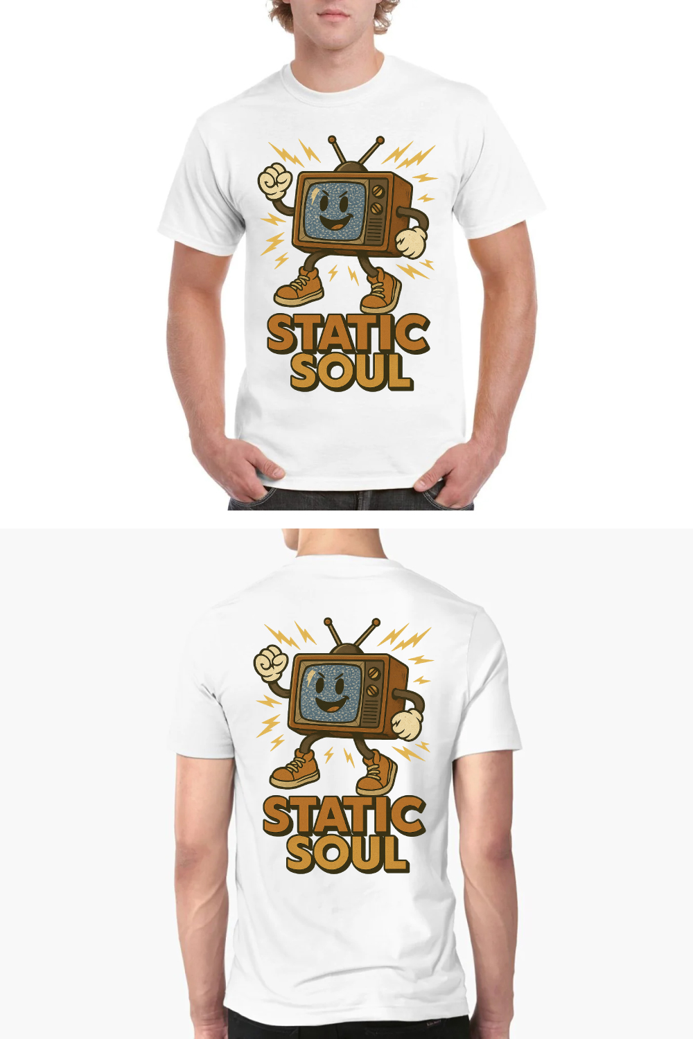 Static Soul Retro TV Character T-Shirt Design - Vintage Television Nostalgia Graphics pinterest preview image.