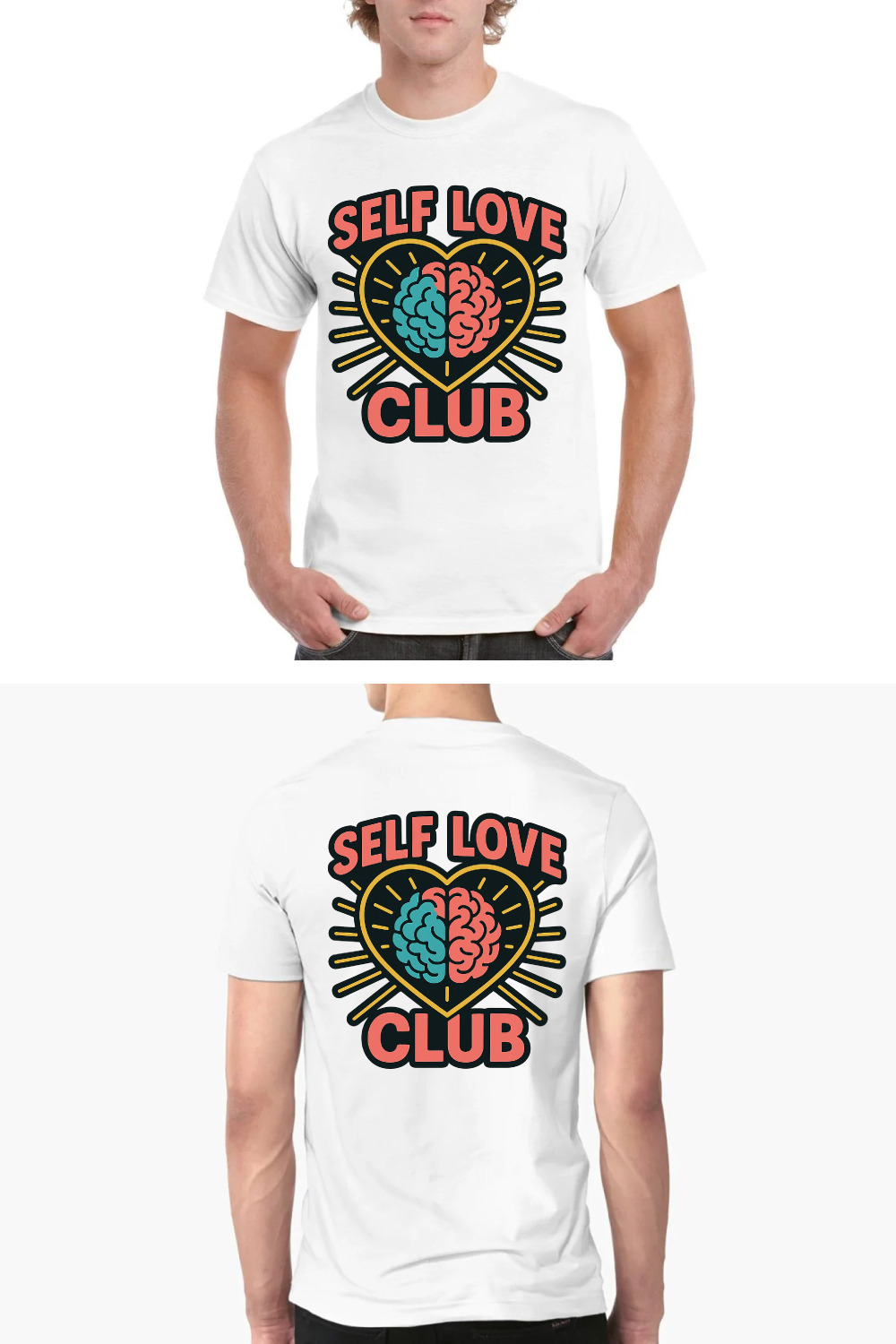 Self Love Club Brain Heart T-Shirt Design pinterest preview image.