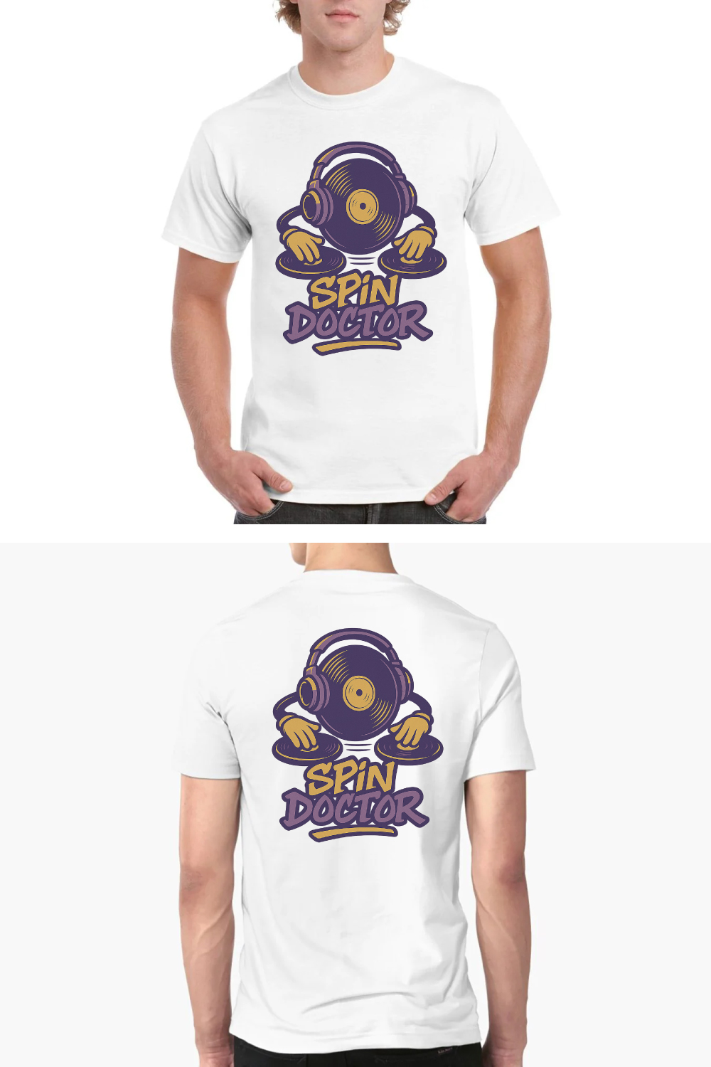 Spin Doctor DJ Vinyl Record Character T-Shirt Design - Retro Turntable Music Graphics pinterest preview image.
