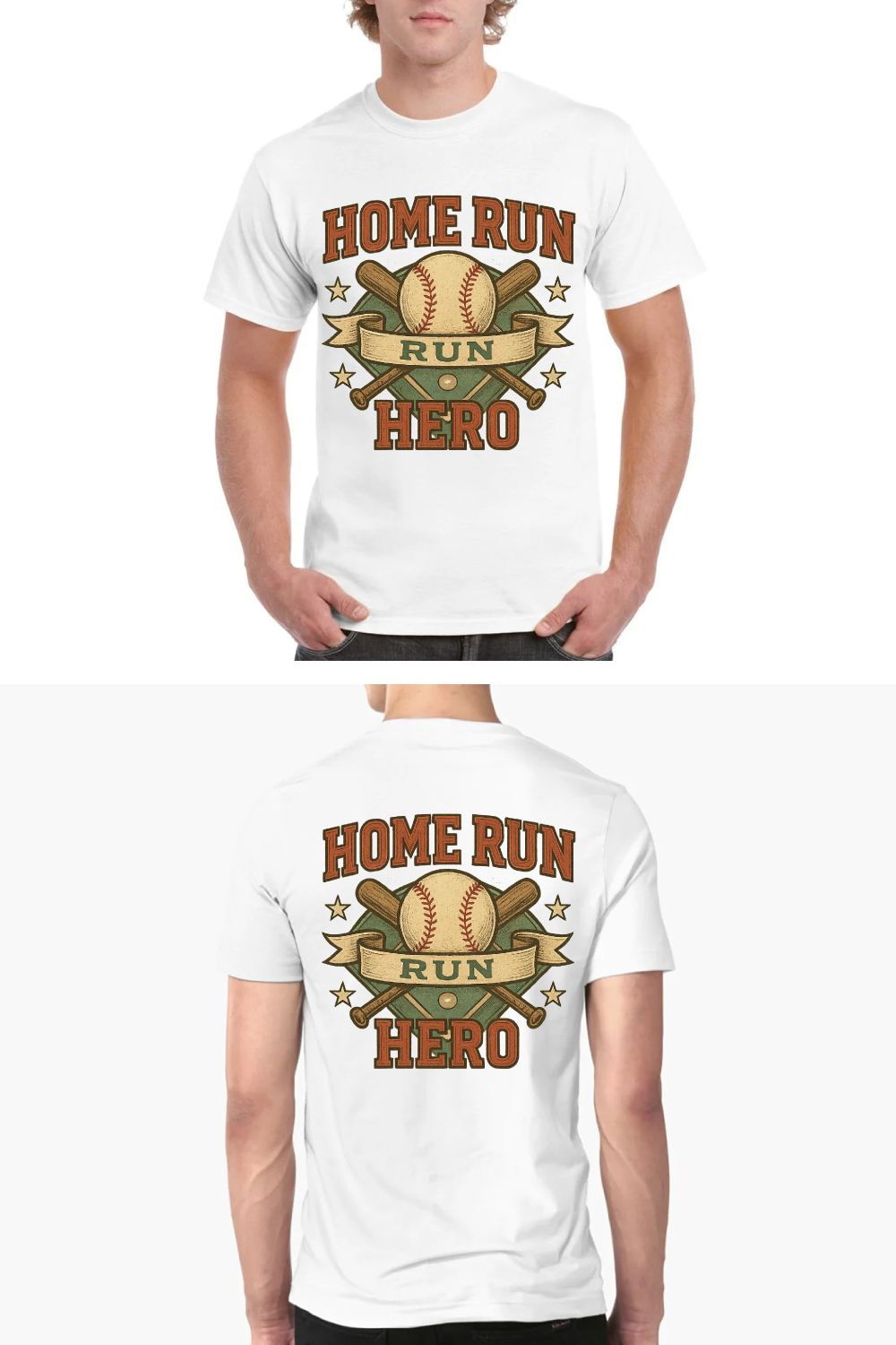 Home Run Hero Vintage Baseball T-Shirt Design with Crossed Bats and Stars pinterest preview image.