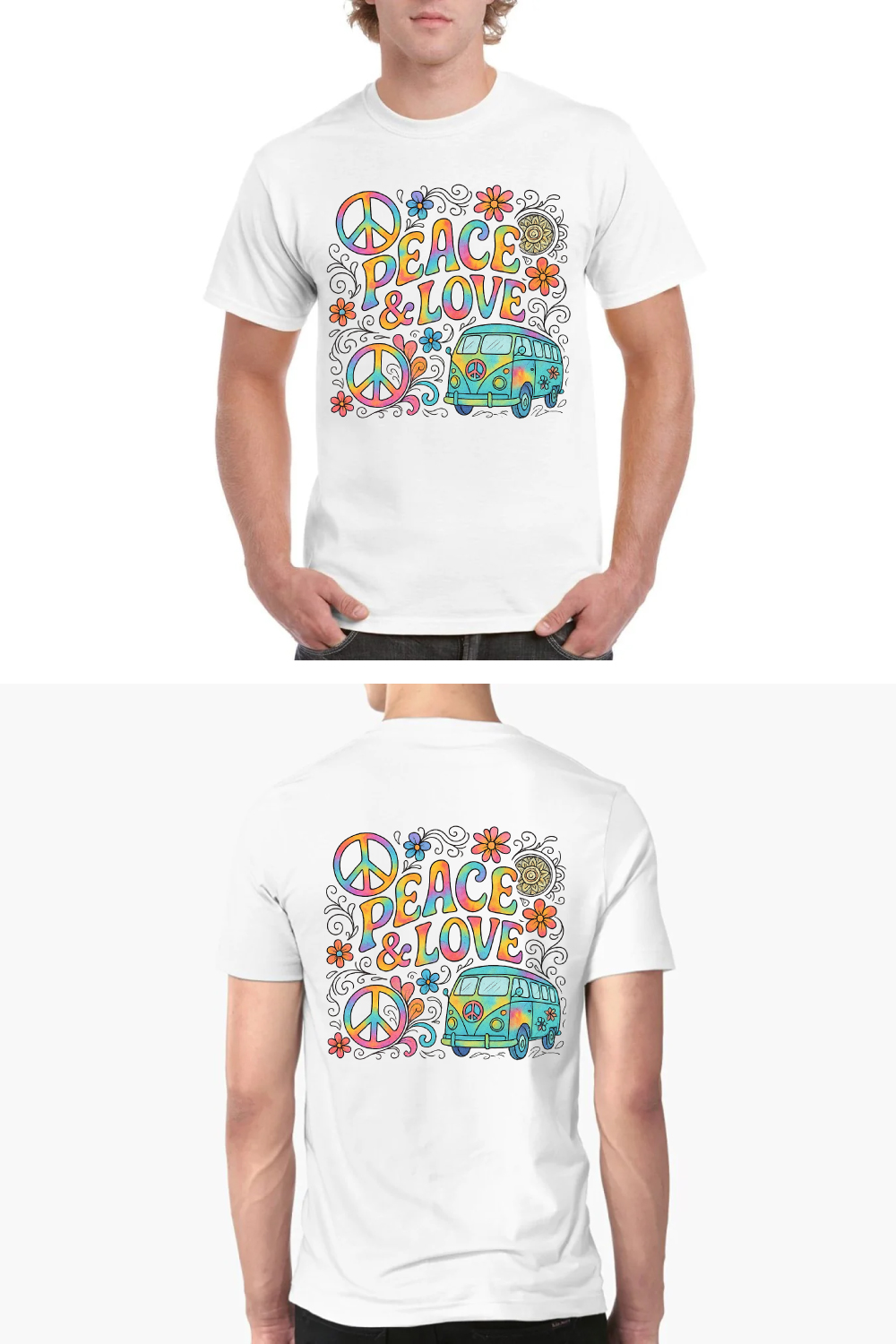 Peace & Love Coloring Book Style T-Shirt Design with Hippie Van and Mandala pinterest preview image.