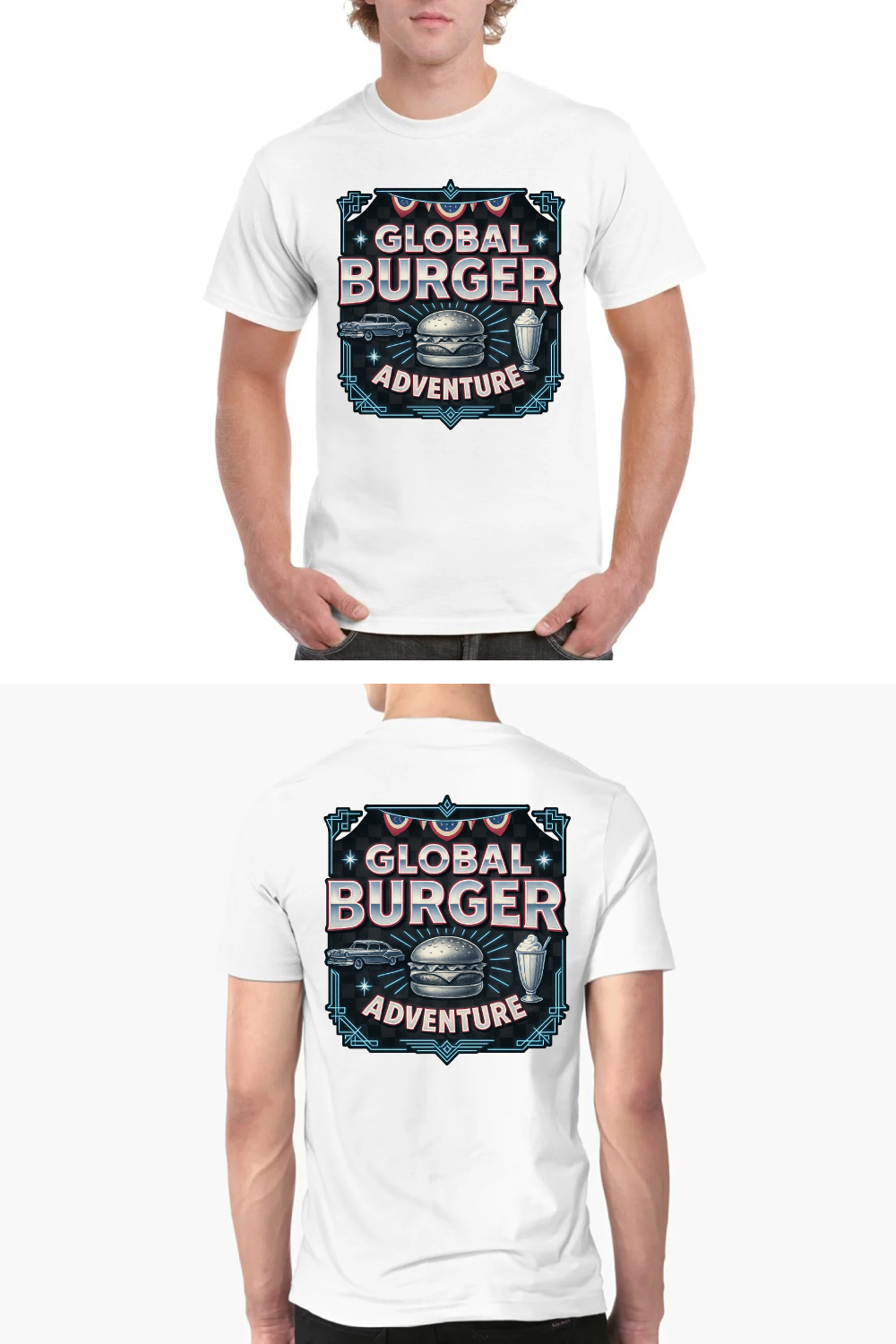 Global Burger Adventure Vintage T-Shirt Design - Retro Food Graphic pinterest preview image.