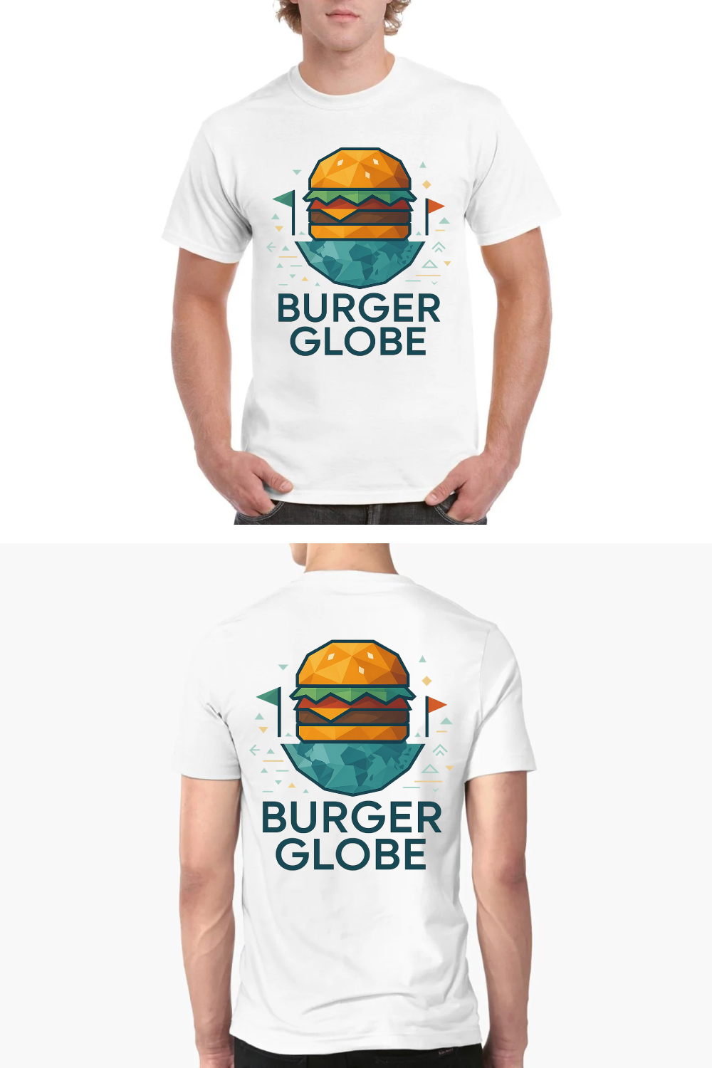 Burger Globe Modern T-Shirt Design - Geometric Food Graphic pinterest preview image.