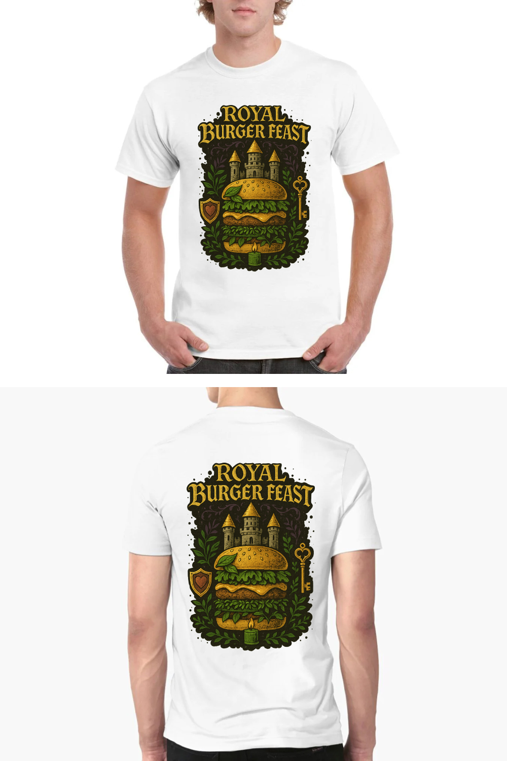 Royal Burger Feast Medieval T-Shirt Design - Fantasy Food Graphic pinterest preview image.