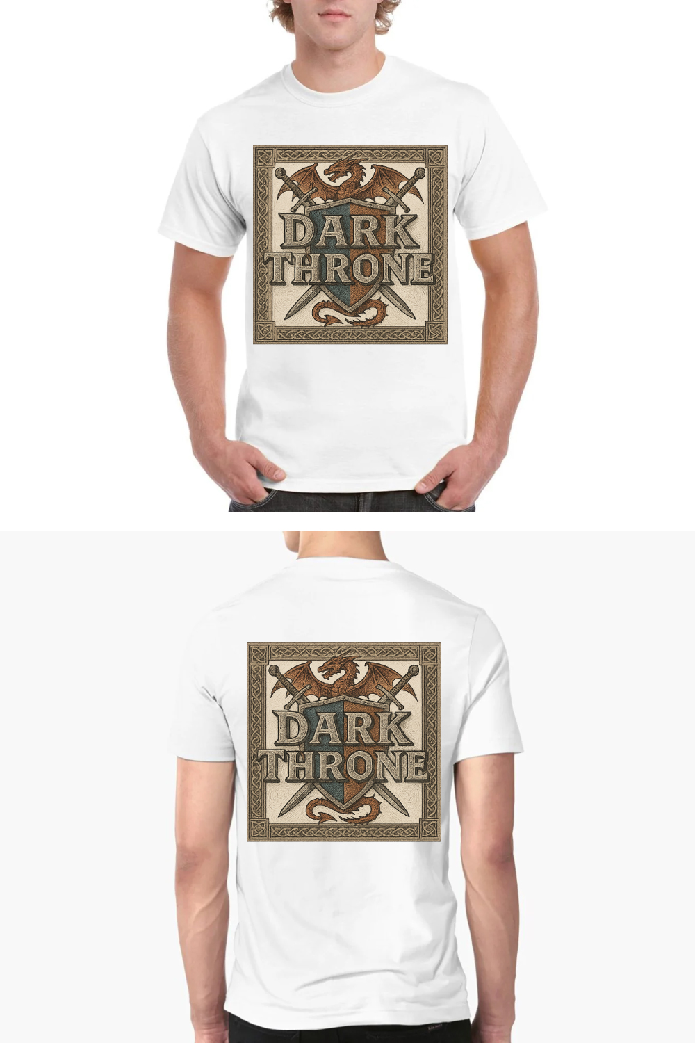 Dark Throne Medieval Fantasy T-Shirt Design with Dragons and Swords pinterest preview image.