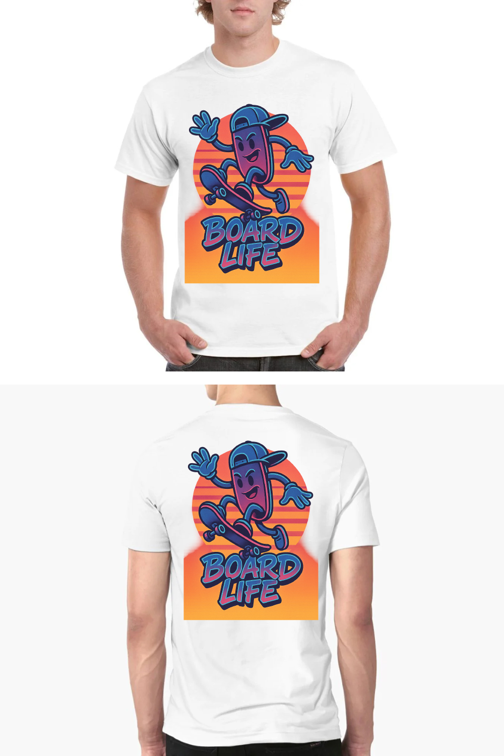 Board Life Retro Skateboard Character T-Shirt Design - 80s Vaporwave Skater Graphics pinterest preview image.
