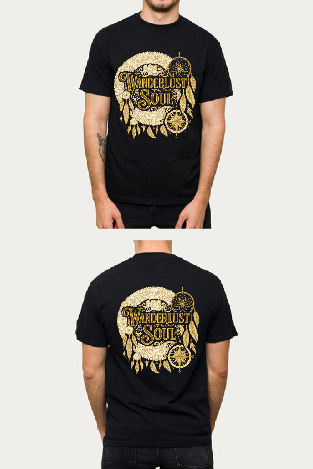 Wanderlust Soul Bohemian T-Shirt Design with Dreamcatchers and Compass pinterest preview image.