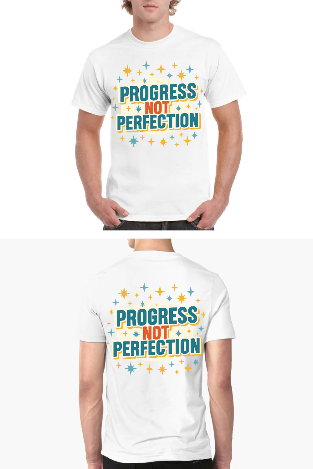 Progress Not Perfection - Celestial Stars Motivational T-Shirt Design pinterest preview image.