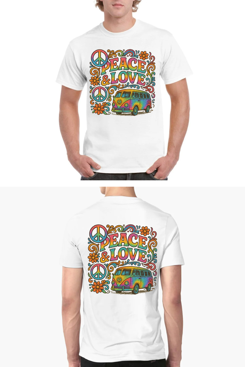 Peace & Love Hippie T-Shirt Design with Vintage Van and Psychedelic Elements pinterest preview image.