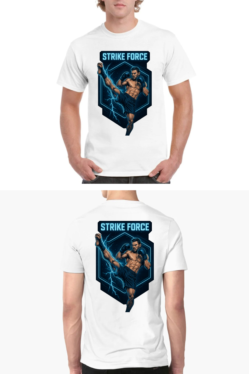 Strike Force Fighter T-Shirt Design - Combat Sports Martial Arts Graphic Tee Vector Art pinterest preview image.