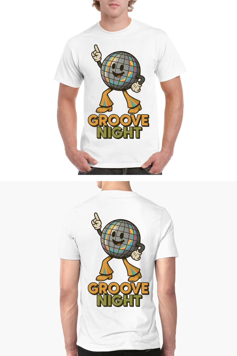 Groove Night Disco Ball Character T-Shirt Design - Retro 70s Dance Party Graphics pinterest preview image.