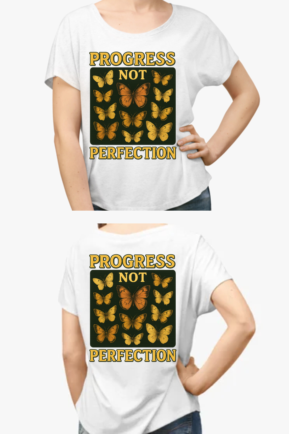 Progress Not Perfection Butterfly T-Shirt Design pinterest preview image.