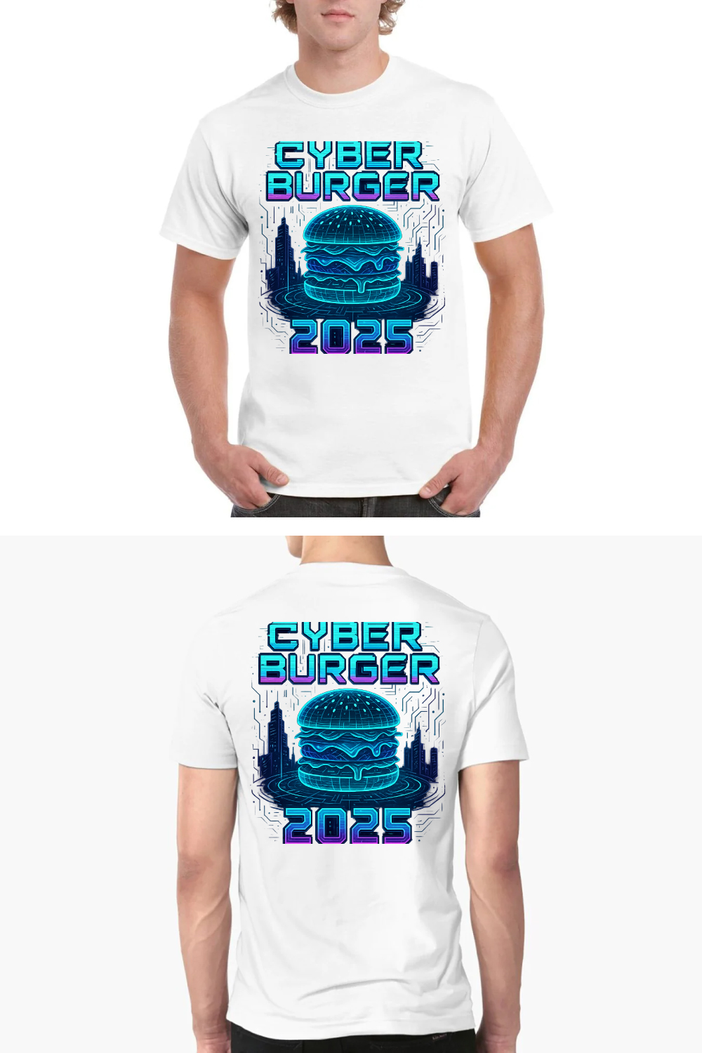 Cyber Burger 2025 Futuristic T-Shirt Design - Sci-Fi Food Graphic pinterest preview image.