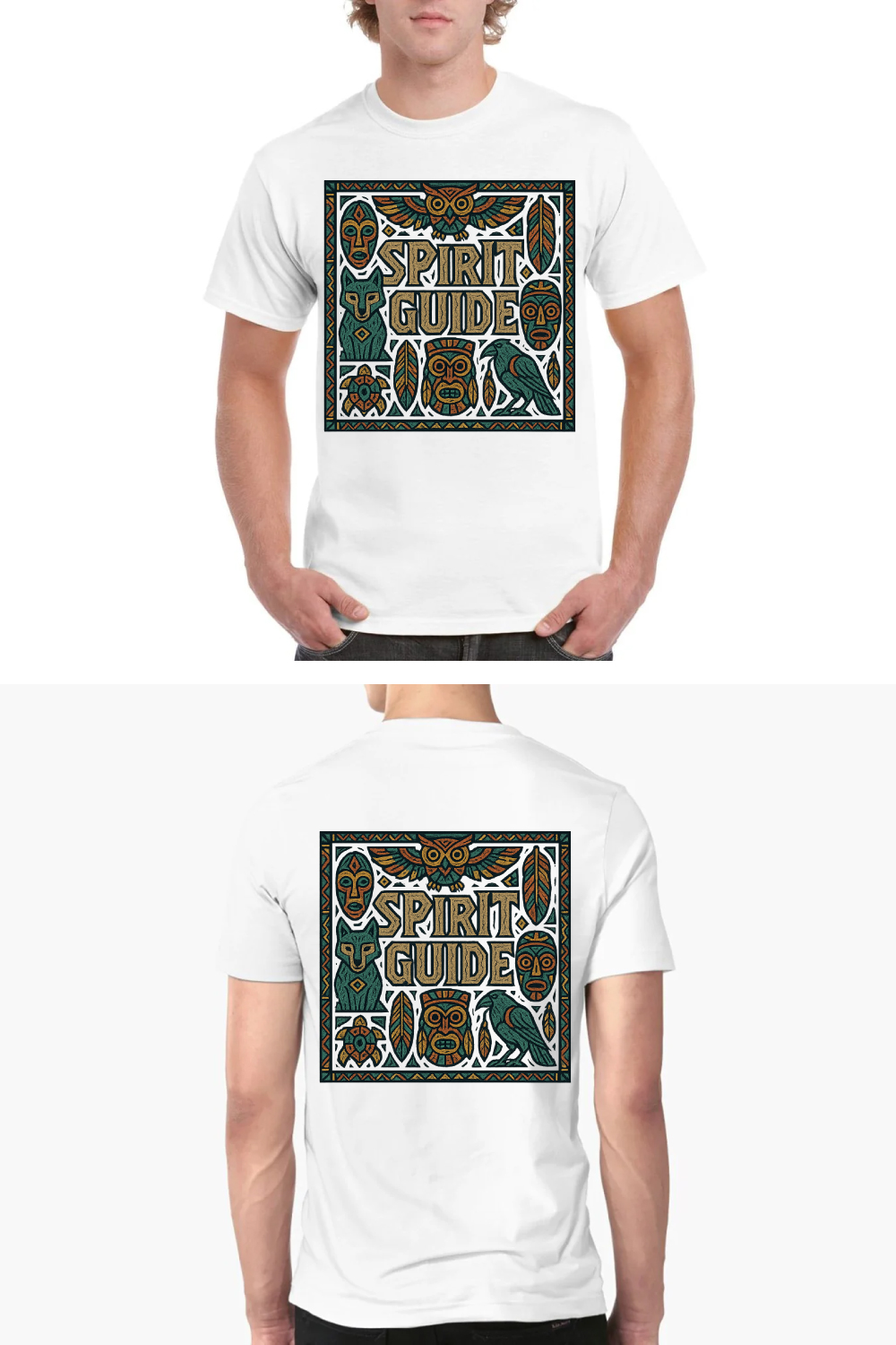 Spirit Guide Tribal Art T-Shirt Design - Native American Inspired Animal Totem Graphic Tee pinterest preview image.