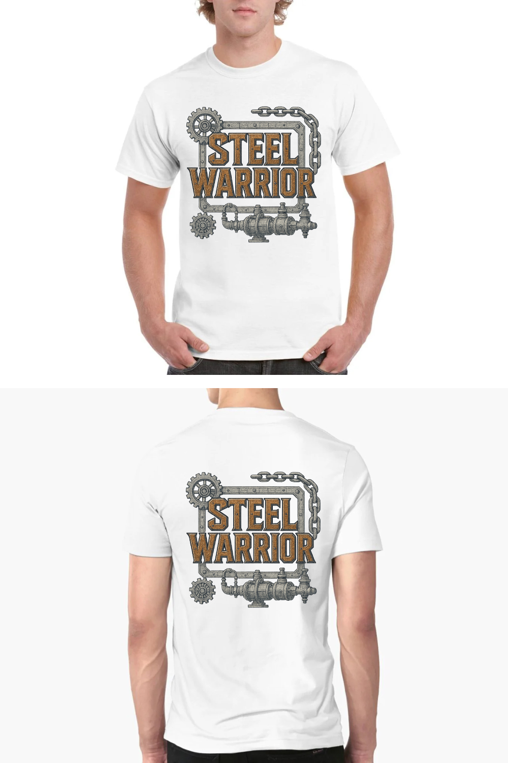 Steel Warrior Industrial T-Shirt Design with Mechanical Gears and Chains pinterest preview image.