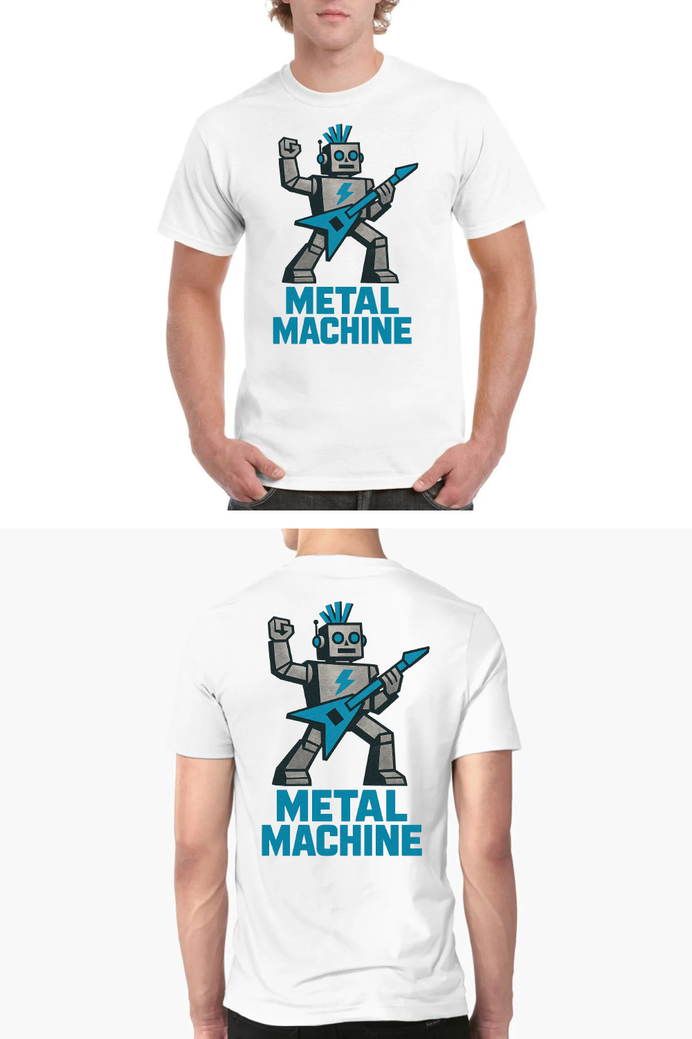 Metal Machine Robot T-Shirt Design - Retro Futuristic Guitarist Vector Graphic pinterest preview image.
