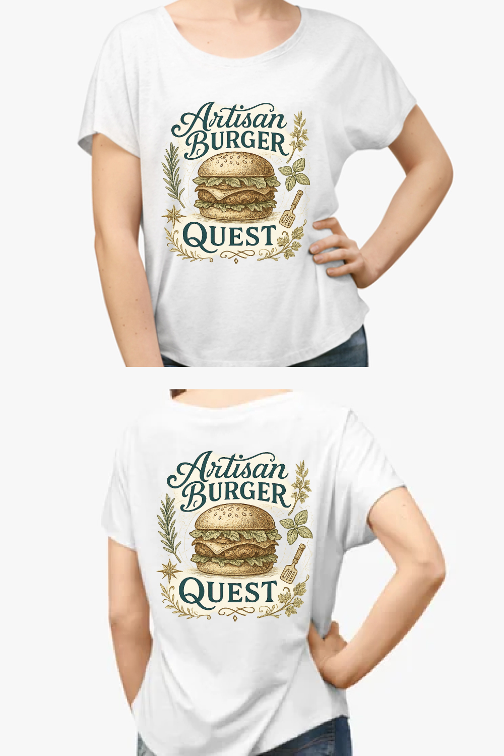 Artisan Burger Quest Vintage T-Shirt Design - Hand-Drawn Food Graphic pinterest preview image.