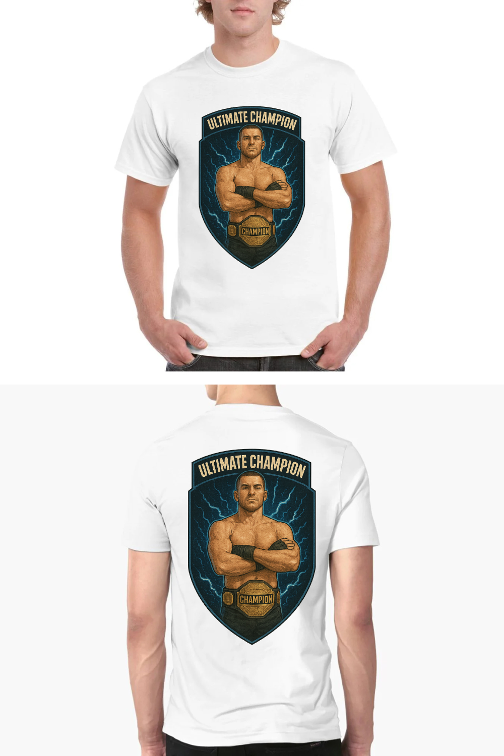 Ultimate Champion MMA T-Shirt Design - Championship Belt Fighter Vector Art pinterest preview image.