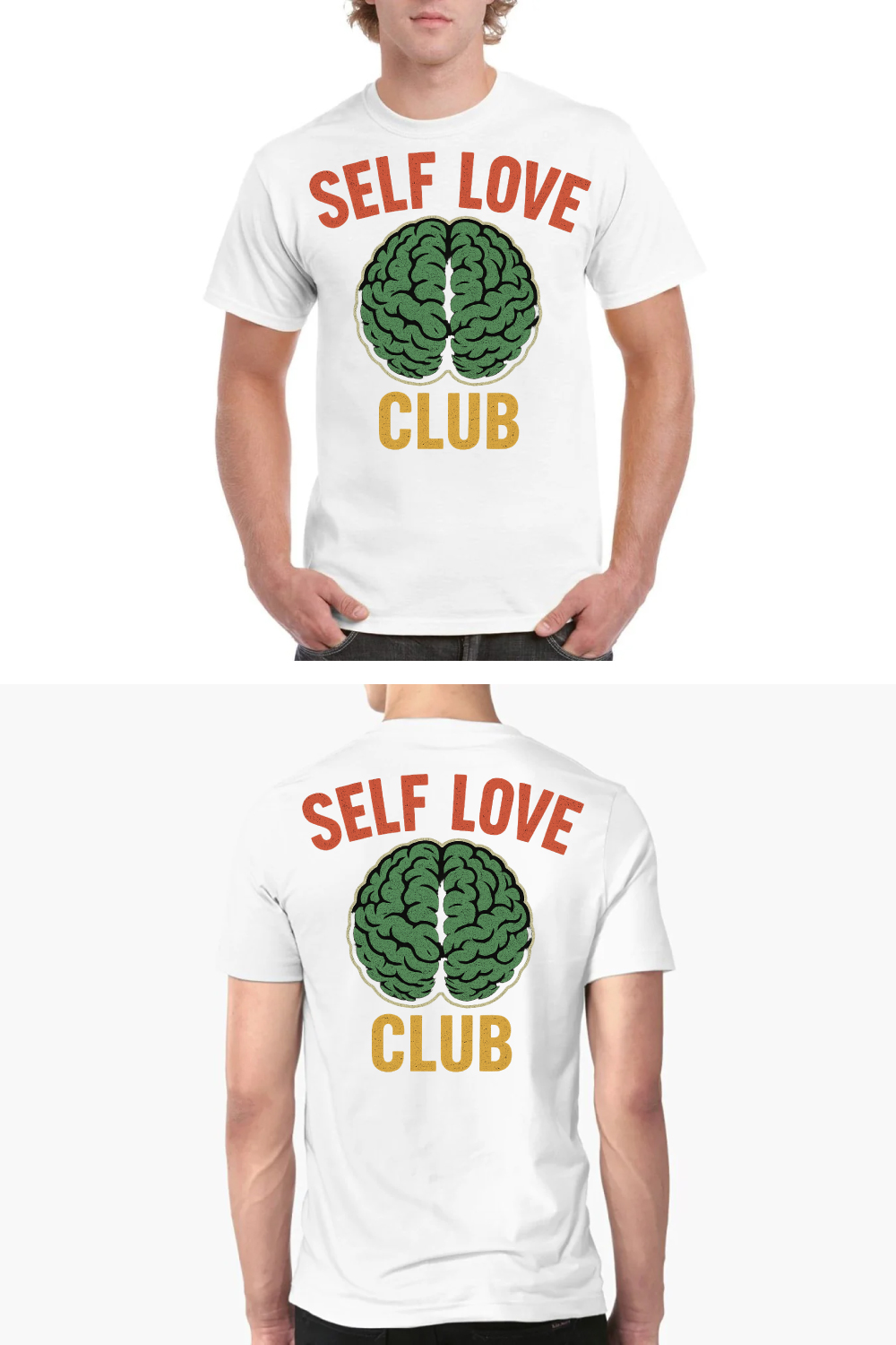Self Love Club – Mental Wellness Brain T-Shirt Design pinterest preview image.