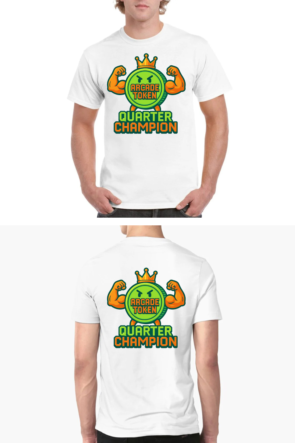 Quarter Champion Arcade Token Mascot T-Shirt Design - Retro Gaming Muscle Character Graphics pinterest preview image.