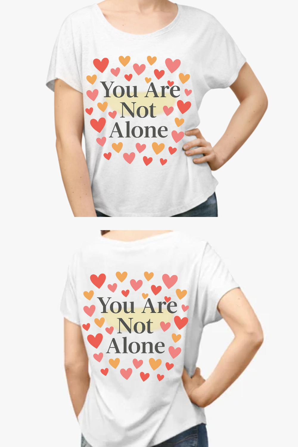 You Are Not Alone - Hearts Mental Health Support T-Shirt Design pinterest preview image.